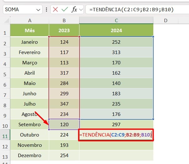 Aplicando a Função TENDÊNCIA