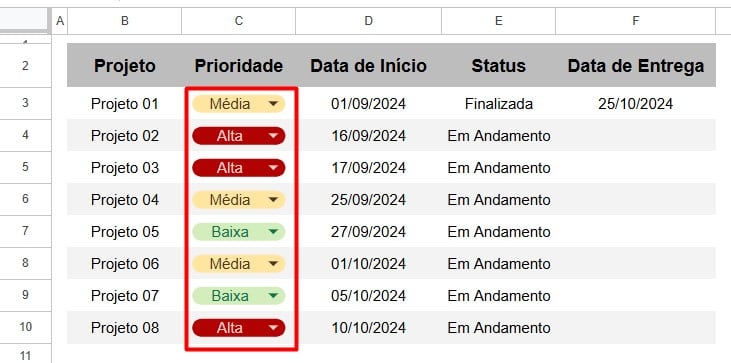 Menu Suspenso Colorido Criado no Google Sheets