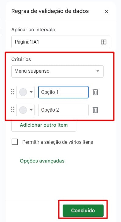 Opções da Validação de Dados