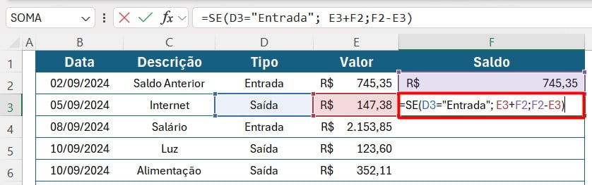 Usando Função SE para Calculo do Fluxo de Caixa no Excel