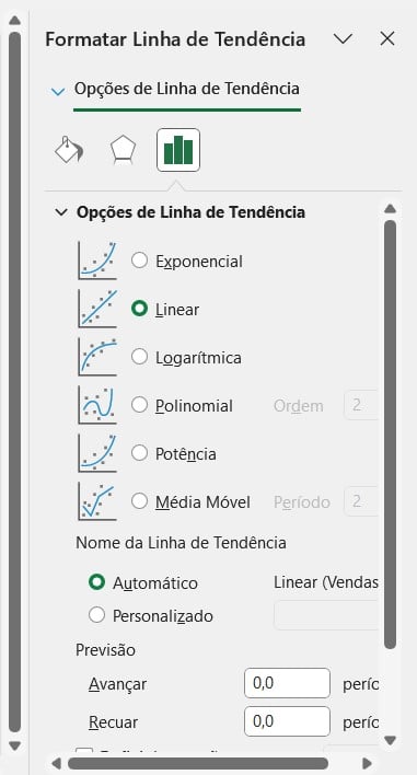 Opções de Formatação de Linhas de Tendência no Excel