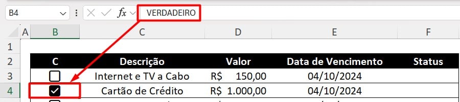 Registro do Checkbox no Excel