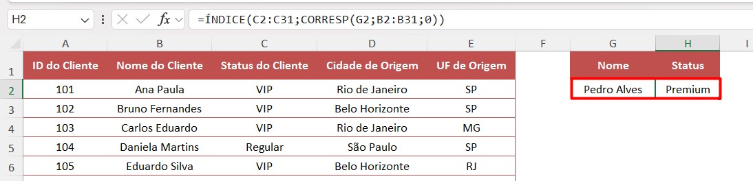 Resultado das Funções ÍNDICE e CORRESP no Excel