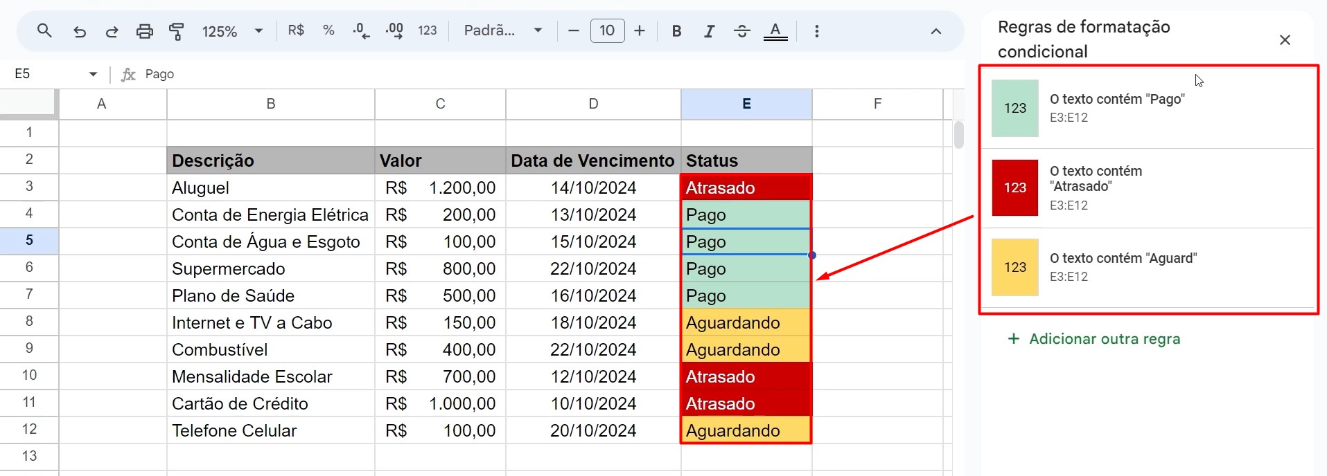 Resultado das Regras de Formatação Condicional no Google Sheets