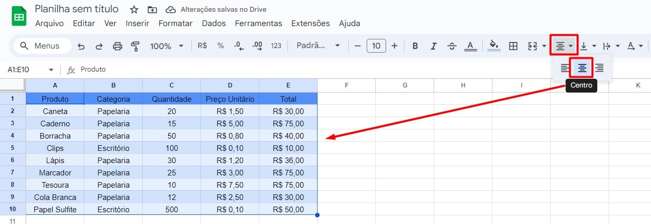 Texto Alinhado no Google Sheets