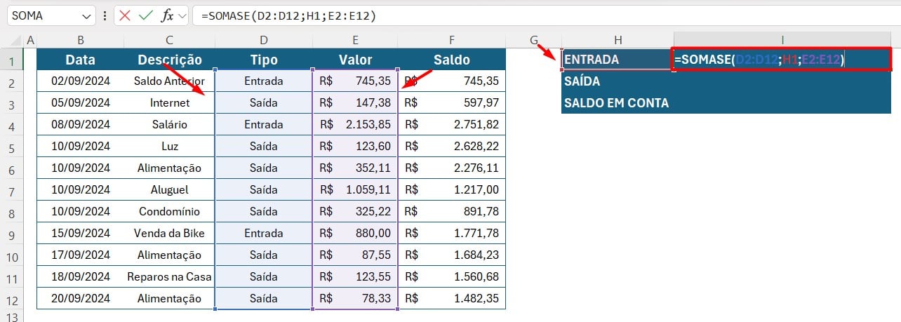 Usando a Função SOMASE para Cálculo do Fluxo de Caixa