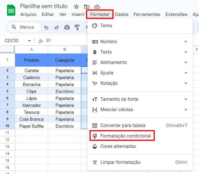 Aplicando Formatação Condicional no Google Sheets