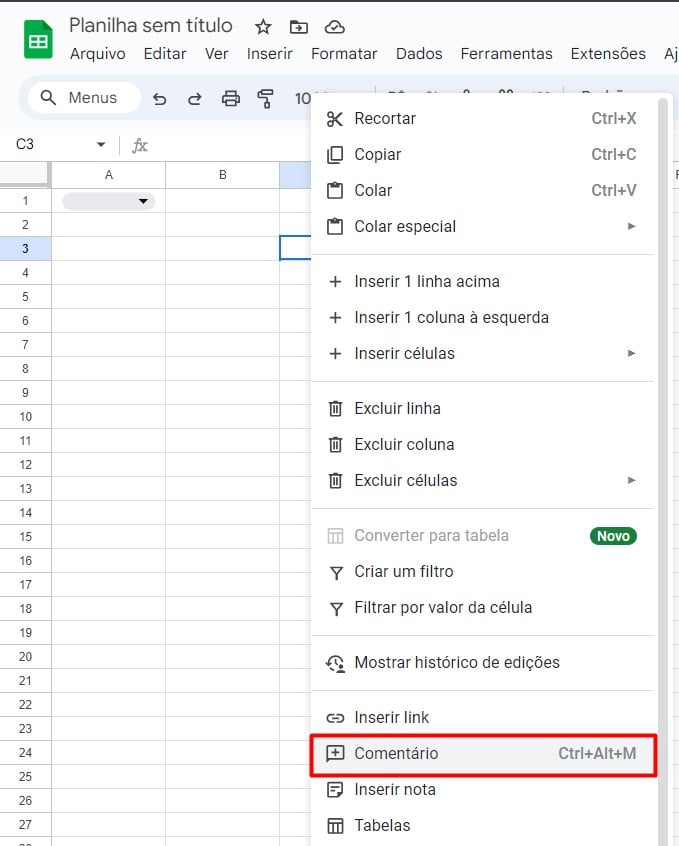 Inserindo Comentário no Google Sheets