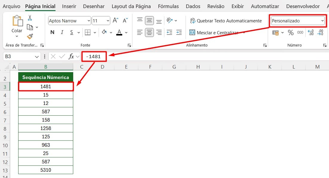 Números da Guia Personalizada do Excel