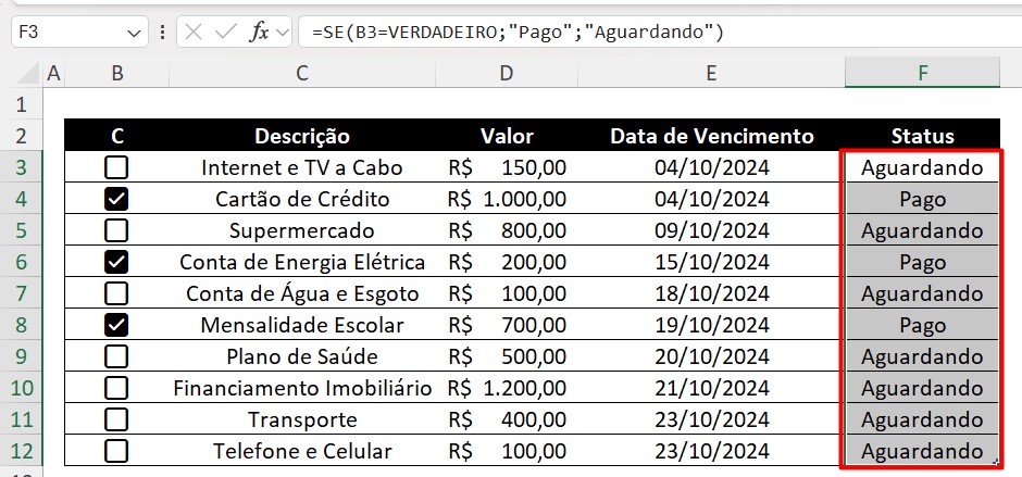 Resultado da Função SE no Excel