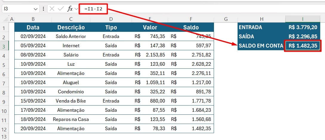 Calculando o Total do Saldo em Conta no Excel