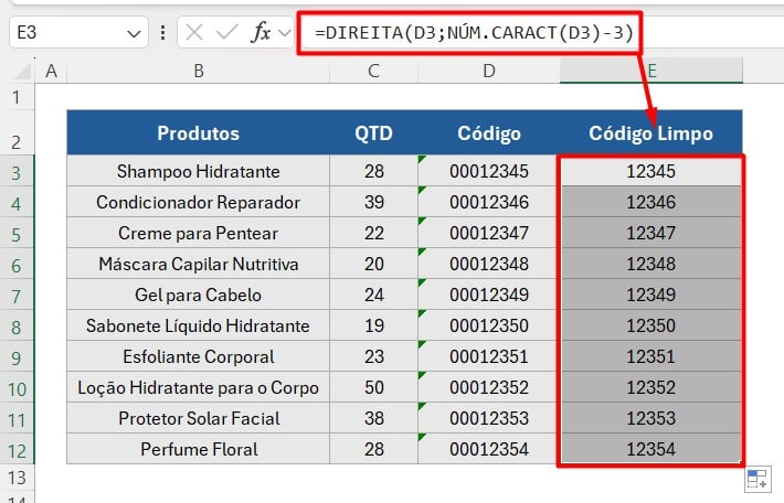 Resultado da Aplicação das Funções DIREITA e NÚM.CARACT no Excel