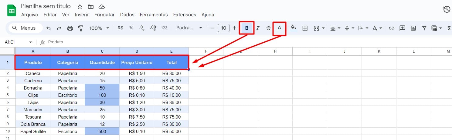 Destacando e Alterando a Cor das Letras da Tabela