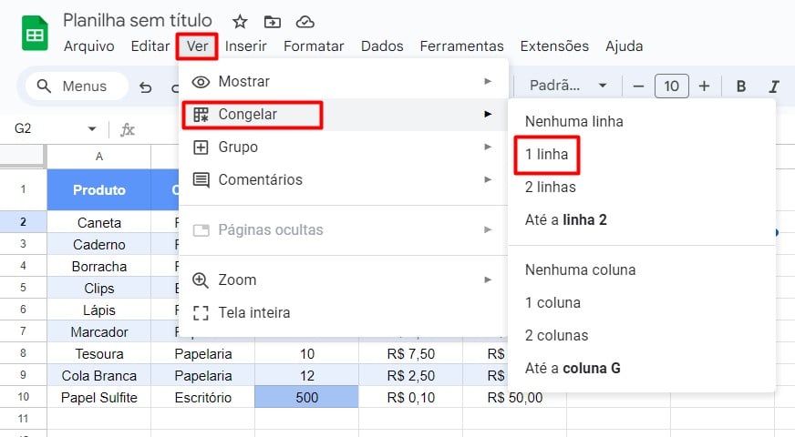 Congelando Linhas no Google Sheets