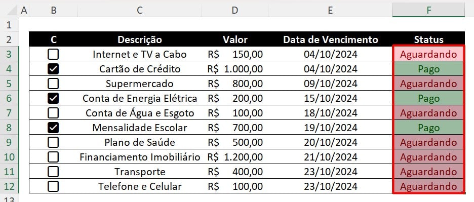 Resultado da Formatação Condicional no Excel