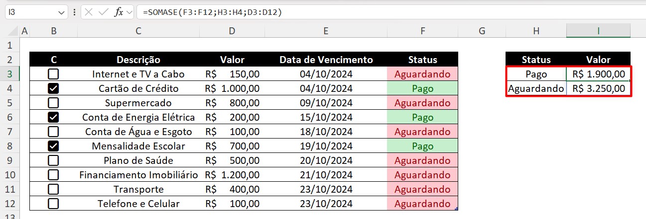 Resultado da Função SOMASE no Excel