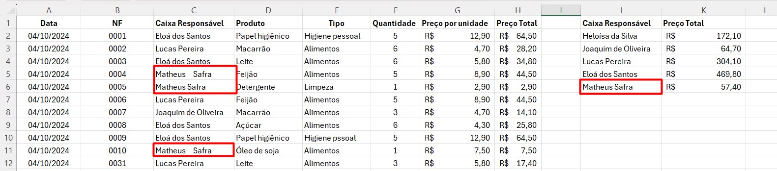 Verificando o Nome dos Vendedores no Excel