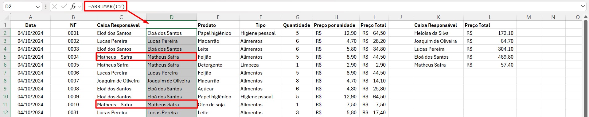 Resultado da Função ARRUMAR no Excel