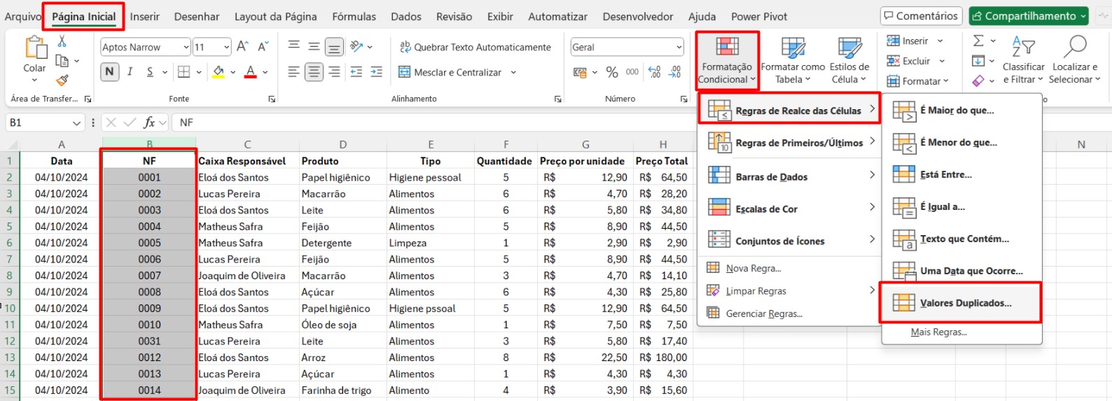 Realçando Valores Duplicados com Formatação Condicional no Excel