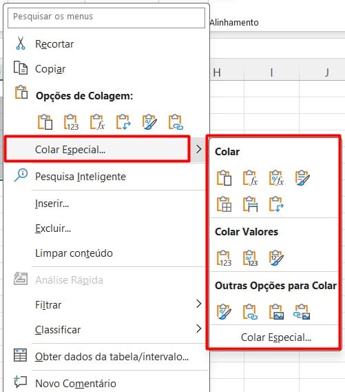 Opções de Colar Especial no Excel