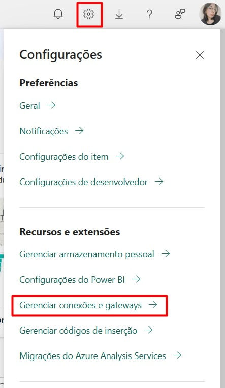 Acessando as Configurações do Gateways no Power BI Service