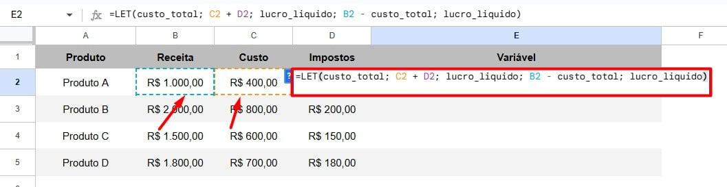 Aplicação da Função LET no Google Sheets