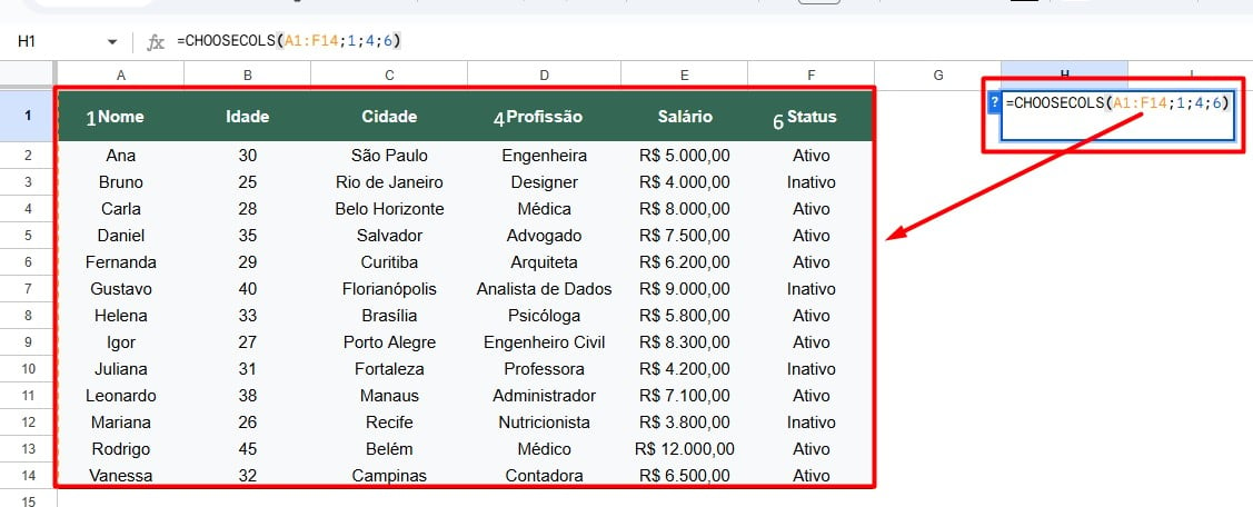 Aplicando a Função CHOOSECOLS no Google Sheets