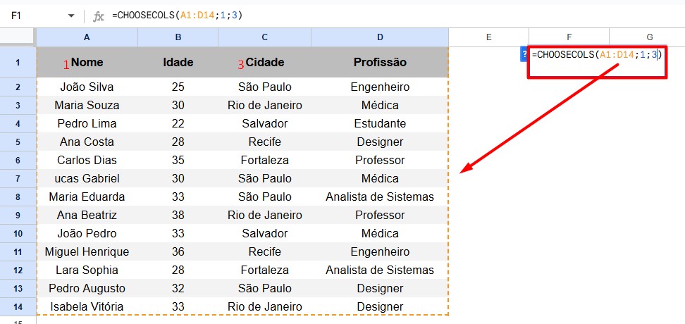 Aplicando a Função CHOOSECOLS no Planilhas Google