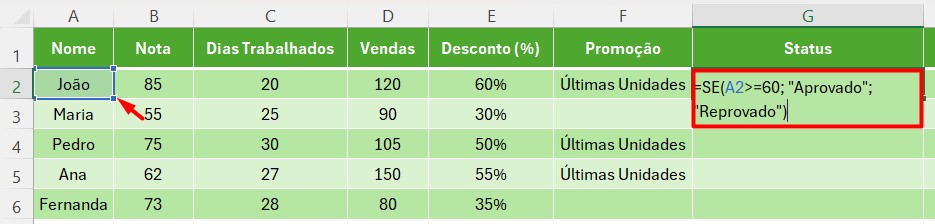 Aplicando a Função SE no Excel