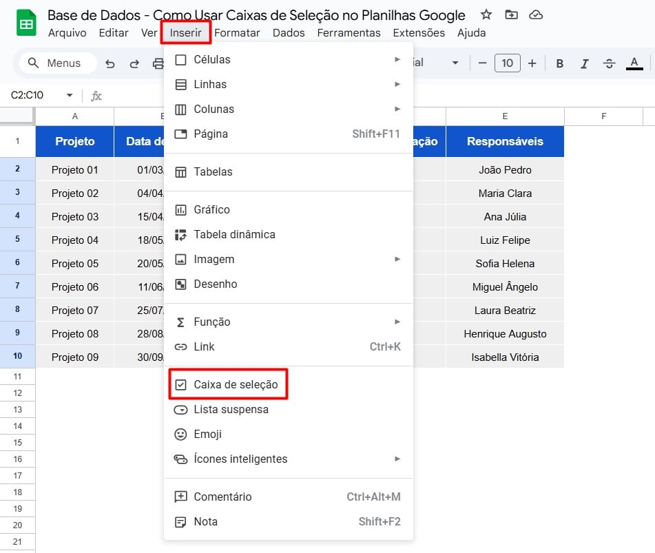 Inserindo Caixa de Seleção no Planilhas Google