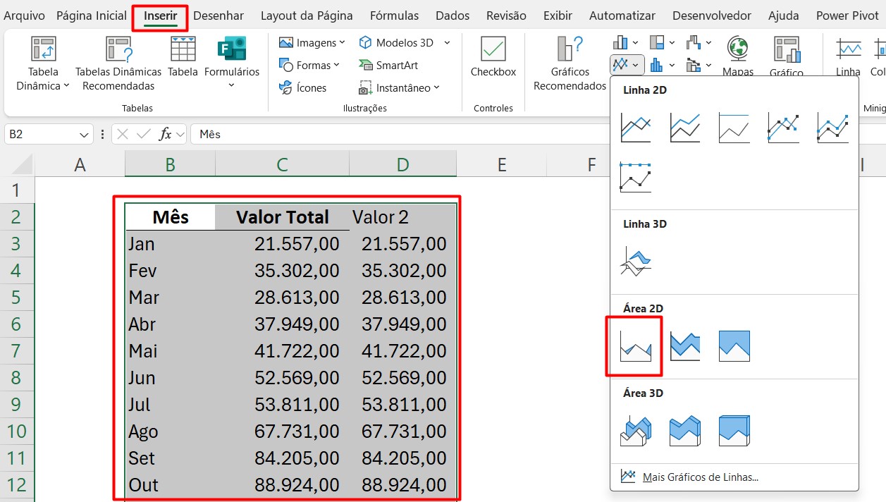 Inserindo Gráfico de Área no Excel