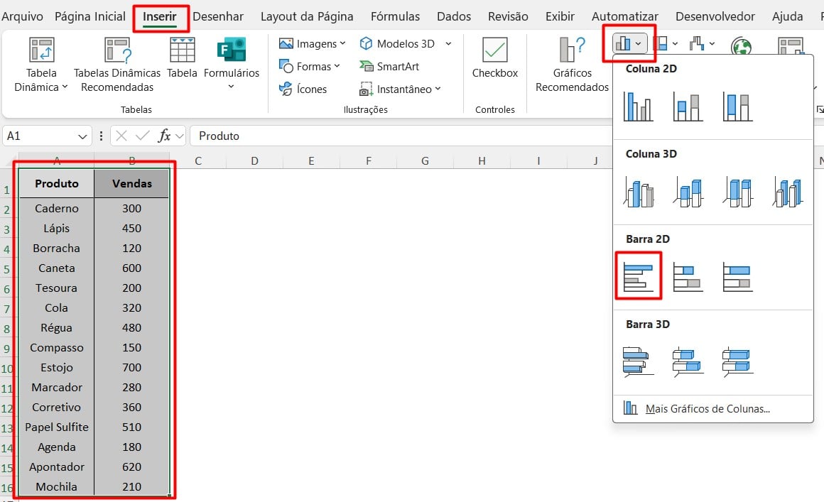 Inserindo Gráfico de Barras no Excel