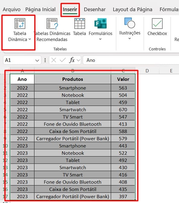 Inserindo Tabela Dinâmica no Excel