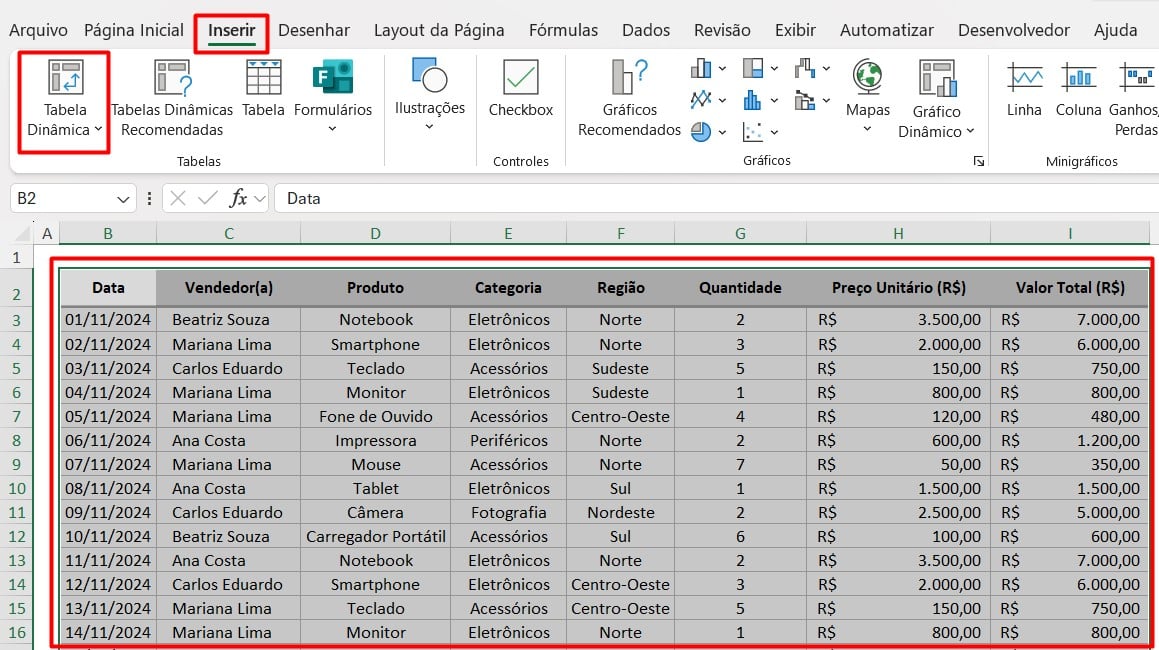 Inserindo Tabela Dinâmica no Excel