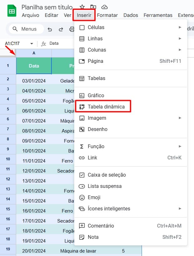 Inserindo Tabela Dinâmica no Google Sheets