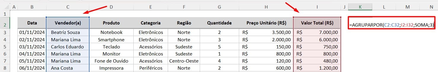 Usando a Função AGRUPARPOR no Excel