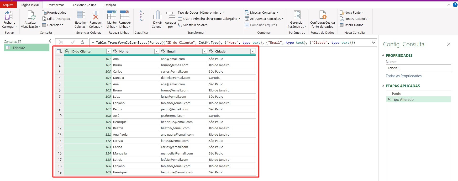 Dados do Excel no Power Query