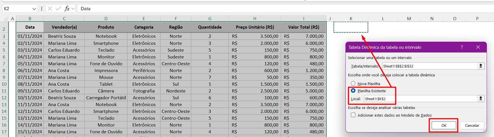 Inserindo Tabela Dinâmica no Excel