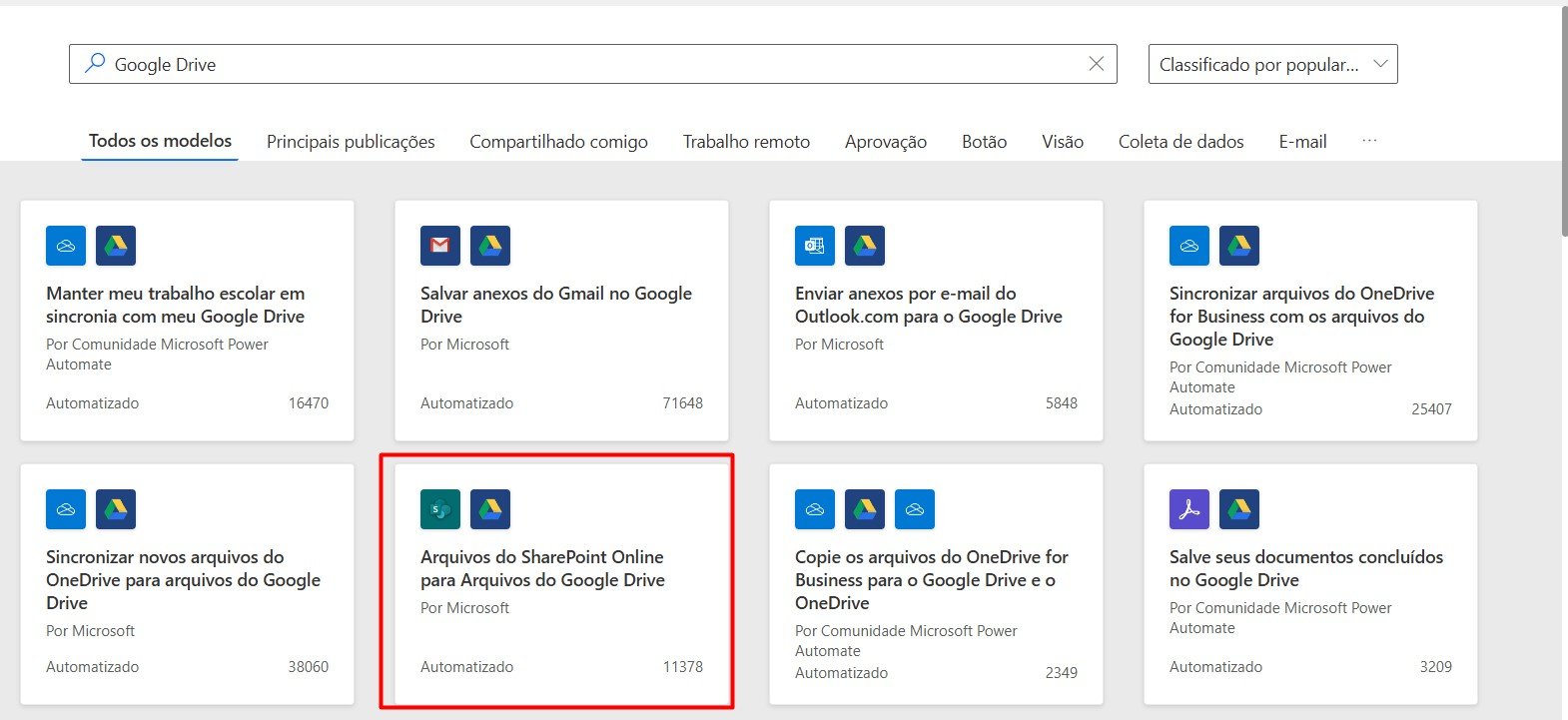 Modelo de Fluxo Arquivos do SharePoint Online para Arquivos do Google Drive