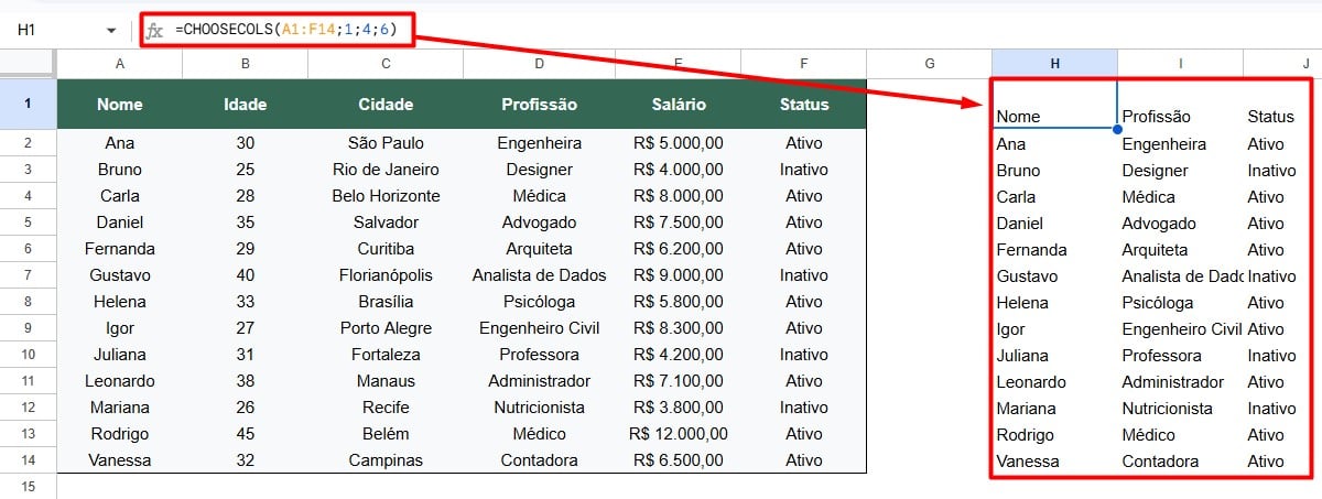 Resultado da Função CHOOSECOLS no Google Sheets