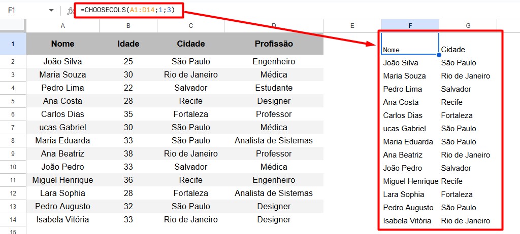 Resultado da Função CHOOSECOLS no Planilhas Google