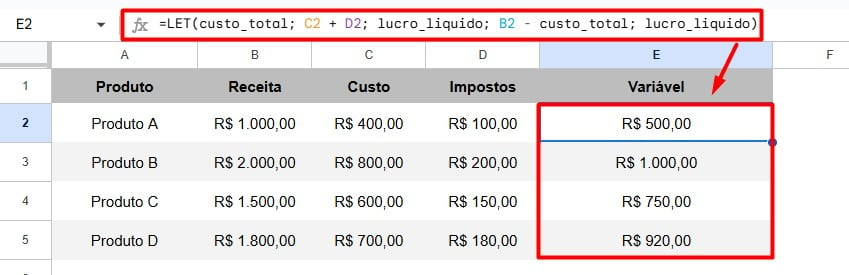 Resultado da Função LET no Google Sheets