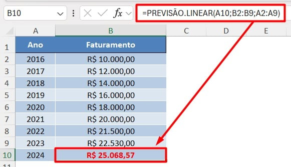 Resultado da Função PREVISÃO.LINEAR no Excel