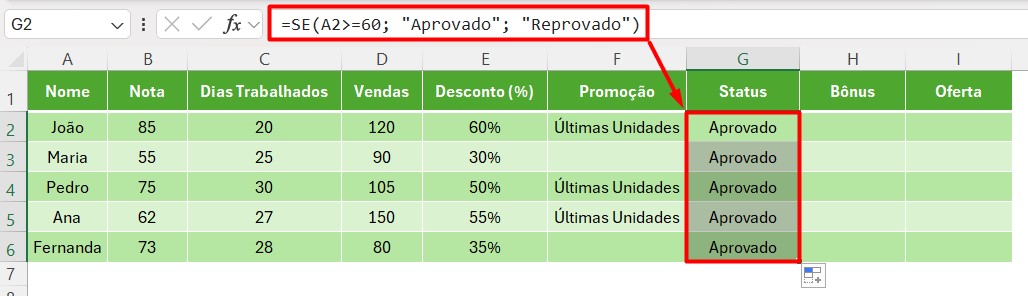 Resultado da Função SE no Excel