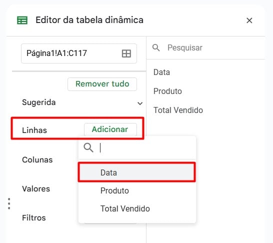 Adicionando Informações no Editor de Tabela Dinâmica no Google Sheets