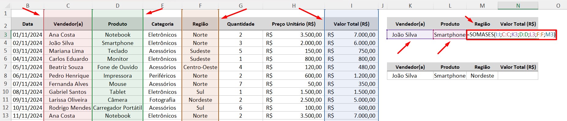 Aplicando a Função SOMASES no Excel