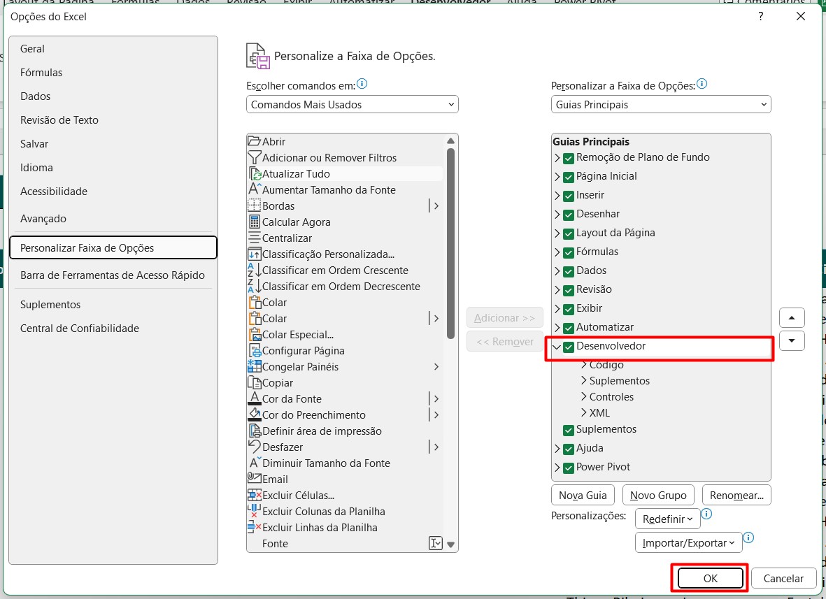 Ativando Guia de Desenvolvedor no Excel