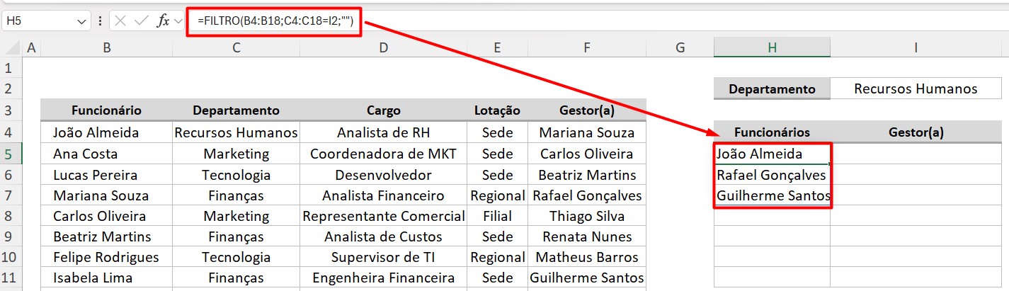 Resultado da Função FILTRO no Excel