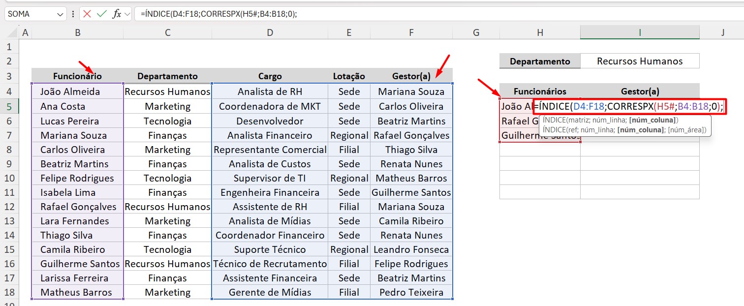 Função CORRESPX com Linhas e Colunas no Excel