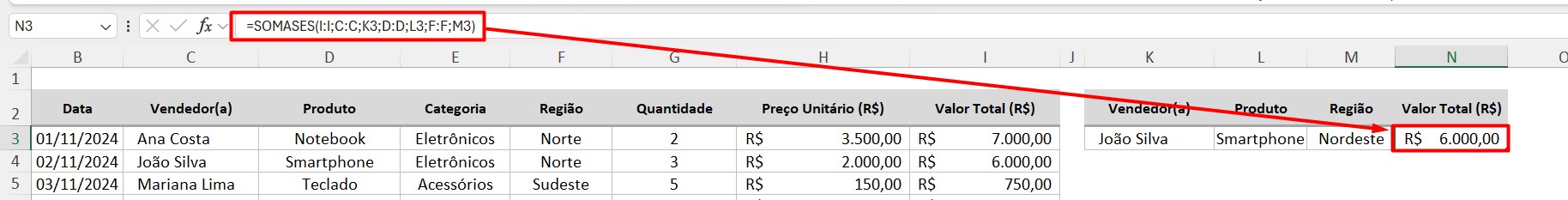 Resultado da Função SOMASES